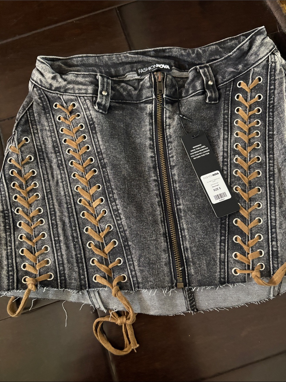 Fashion Nova Black Wash Denim Mini Skirt with Tan Lace-Up Detail